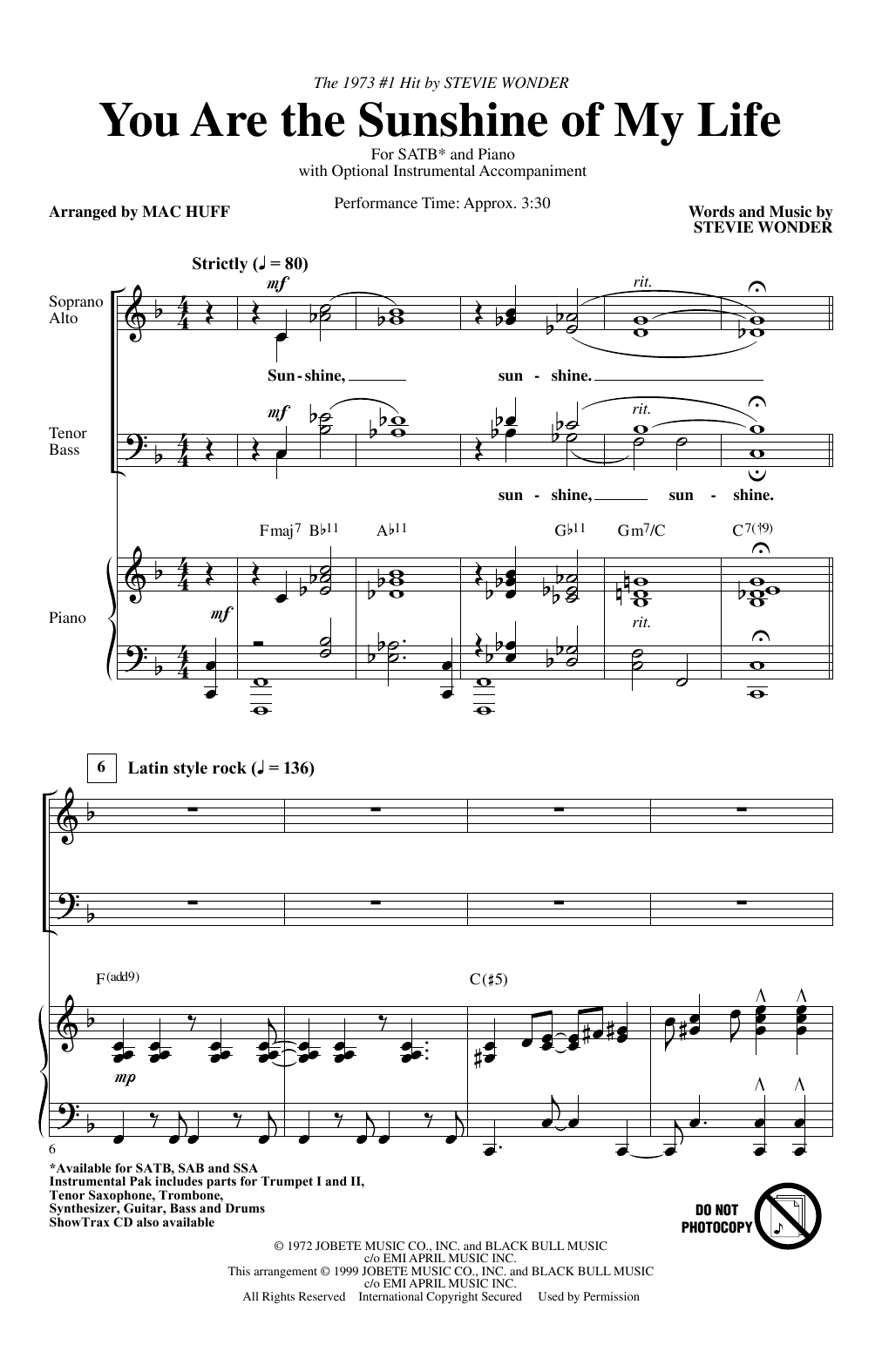 Product gallery: Page 1 of 1 You Are The Sunshine Of My Life (arr. Mac Huff), Stevie Wonder
