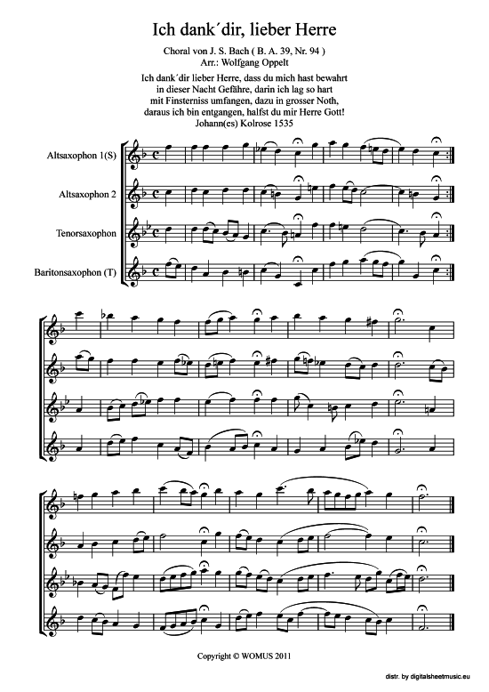 Product picture to: Ich dank dir lieber Herre (Saxophon Quartett/Ensemble A(S) Johann Sebastian Bach (arr. WO)