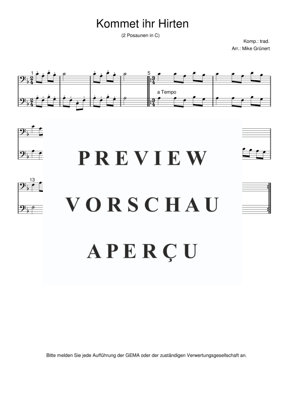 gallery: Deutsche Weihnachtslieder, , 15 Duette für 2 Posaunen oder Instrumente in C Bassschlüssel