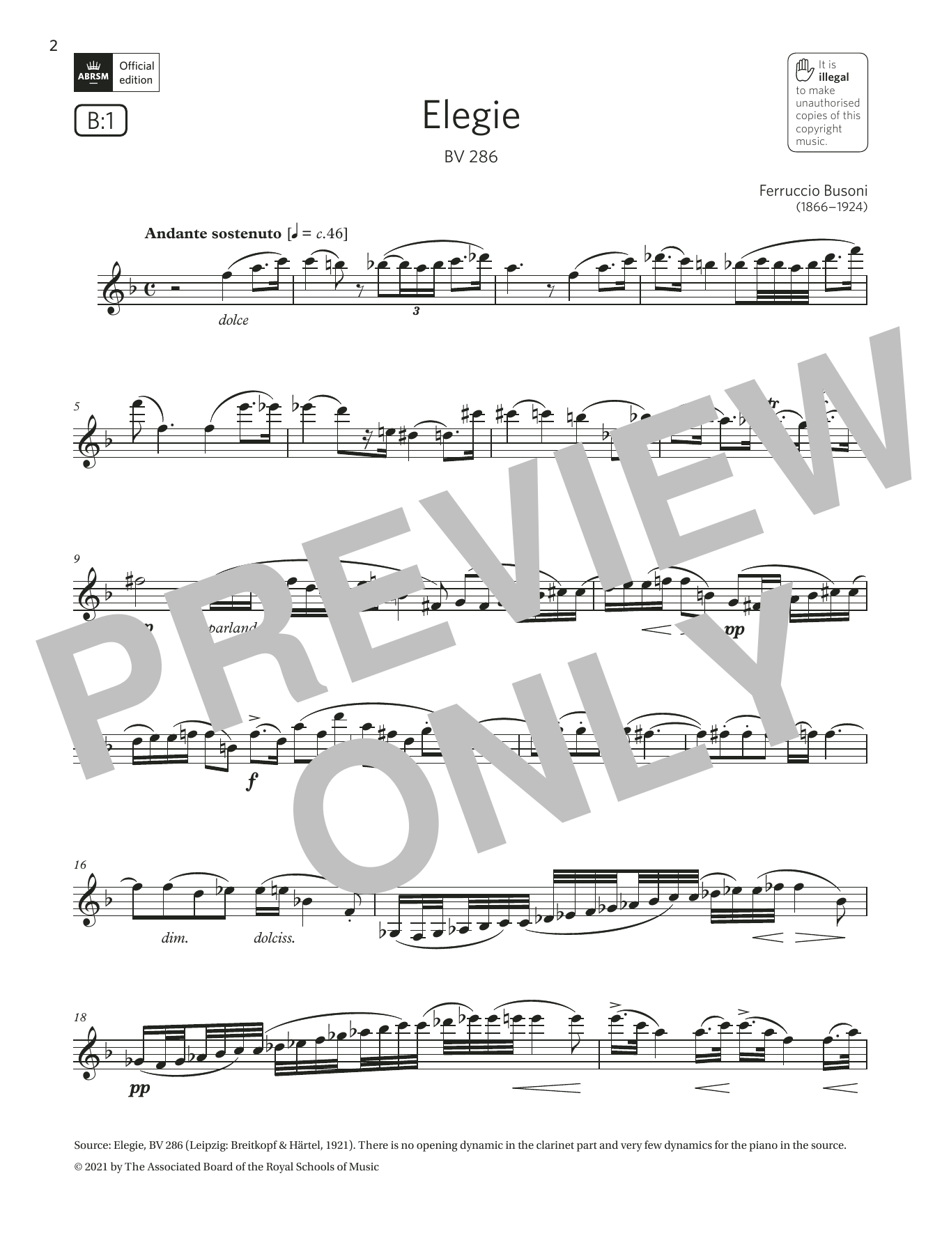 Product picture to:  Elegie, BV 286 (Grade 7 List B1 from the ABRSM Clarinet syllabus from 2022) - Ferruccio Busoni