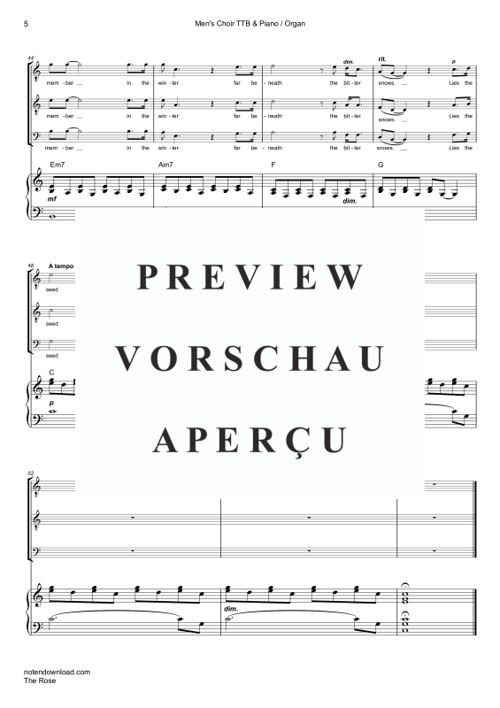 Produktgalerie: Seite 8 von 11 The Rose, Midler, Bette, Männerchor/Ensemble TTB & Klavier/Orgel Violoncello opt. - Single Version