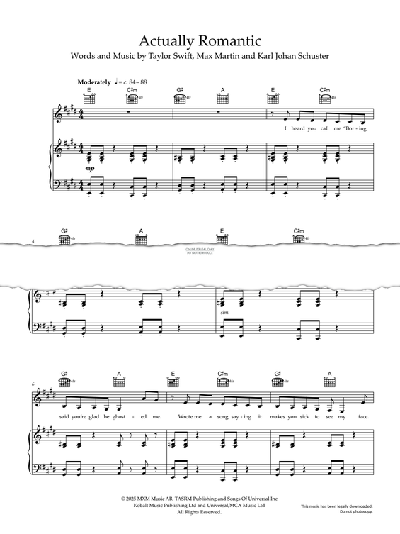 Produktgalerie: Seite 1 von 1 Actually Romantic, Taylor Swift, Gesang, Gitarre, Klavier