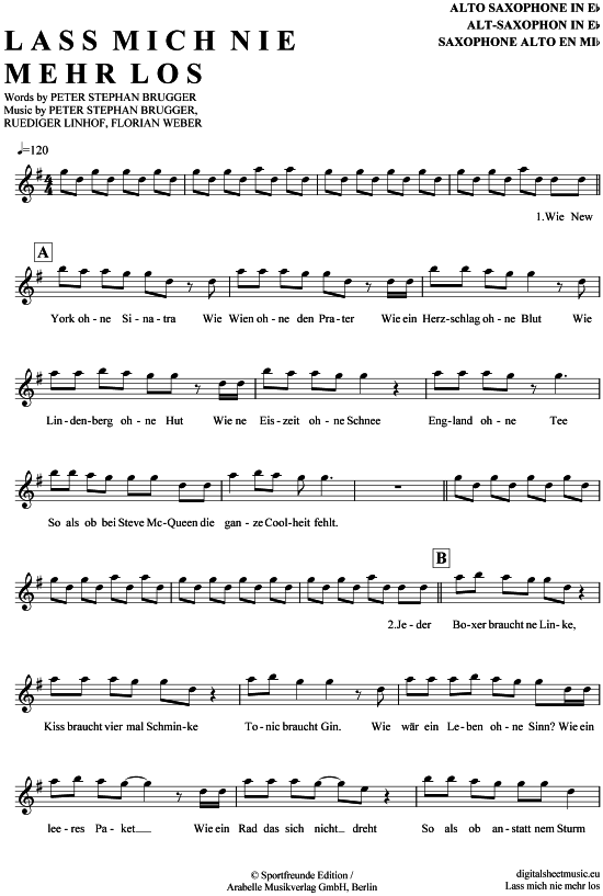 Product gallery: Page 1 of 4 Lass mich nie mehr los , Sportfreunde Stiller, Alto Saxophone