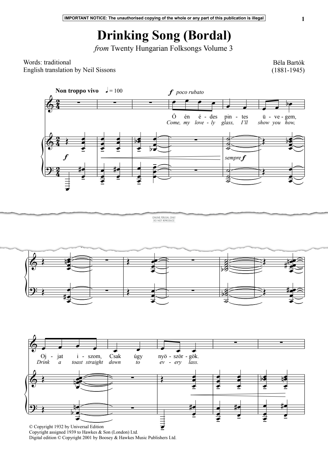 Product gallery: Page 1 of 1 Drinking Song (Bordal) from Twenty Hungarian Folksongs Volume 3, Bela Bartok