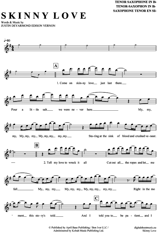 Product gallery: Page 1 of 4 Skinny Love , Birdy, Tenor Saxophone