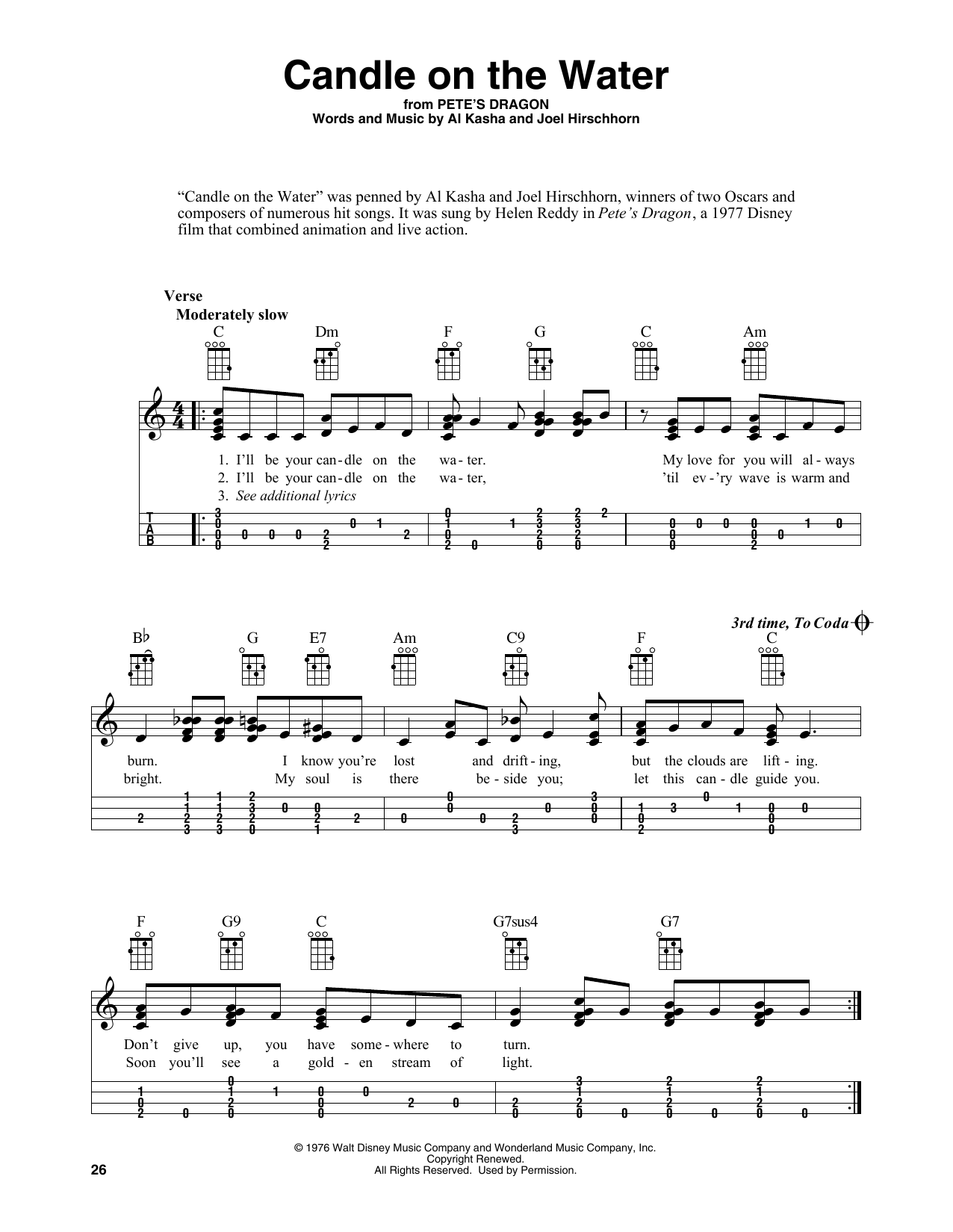 Produktgalerie: Seite 1 von 1 Candle On The Water (from Pete's Dragon) (arr. Fred Sokolow), Helen Reddy, Ukulele