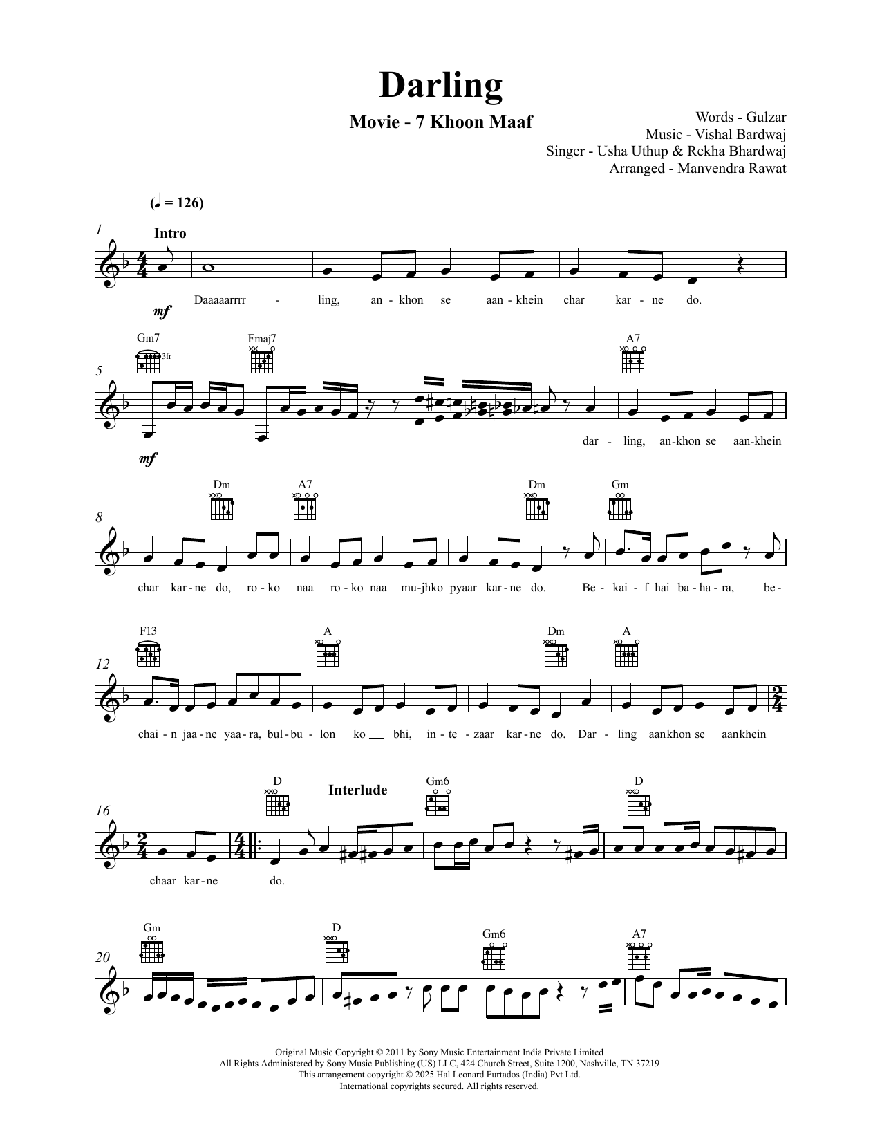 Produktgalerie: Seite 1 von 1 Darling (from 7 Khoon Maaf), Vishal Bardwaj, Melodieinstrument