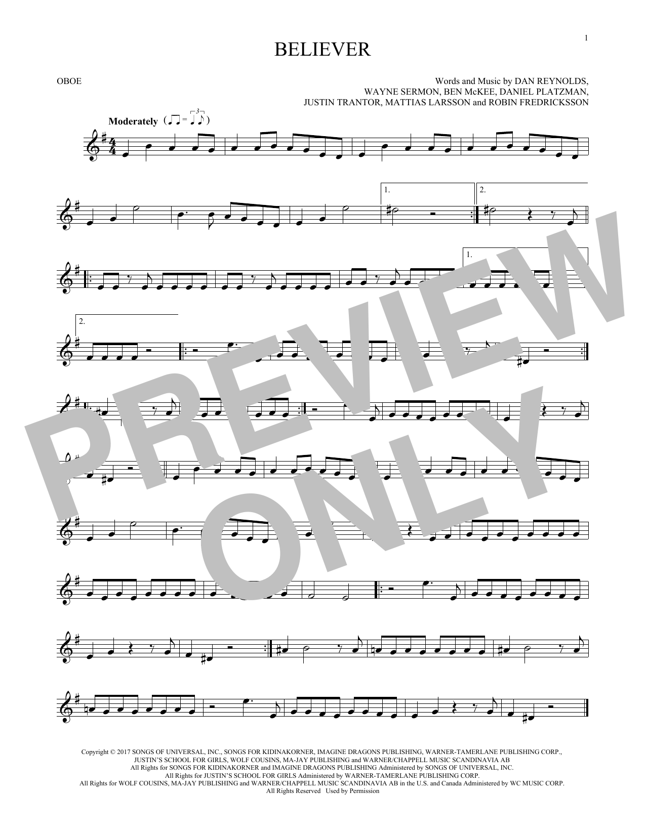 Produktgalerie: Seite 1 von 1 Believer, Imagine Dragons, Oboe