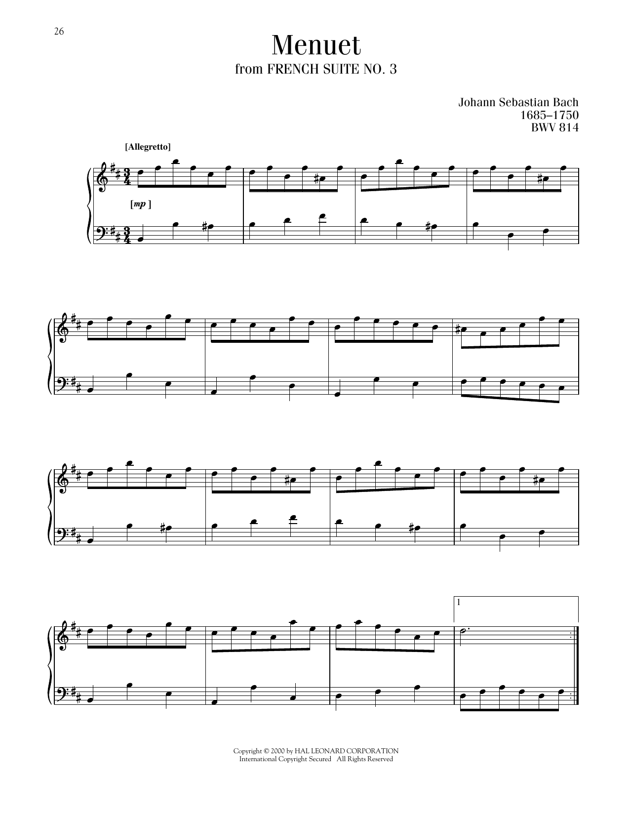 Produktgalerie: Seite 1 von 1 Menuet I, BWV 814, Johann Sebastian Bach, Klavier