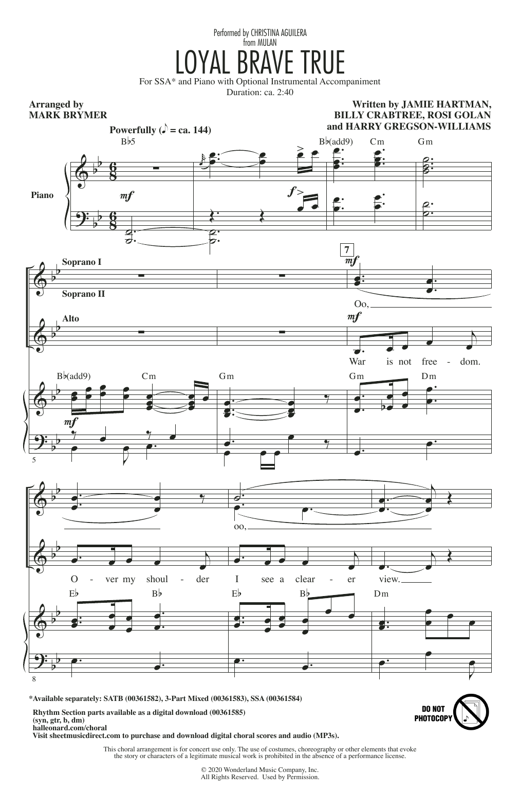 Product gallery: Page 1 of 1 Loyal Brave True (from Mulan) (arr. Mark Brymer), Christina Aguilera
