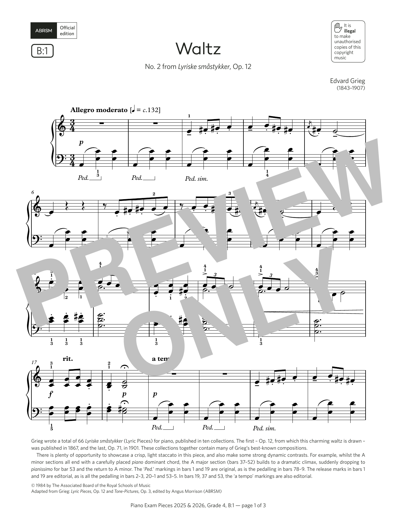Produktbild zu:  Waltz (Grade 4, list B1, from the ABRSM Piano Syllabus 2025 & 2026) - Edvard Grieg