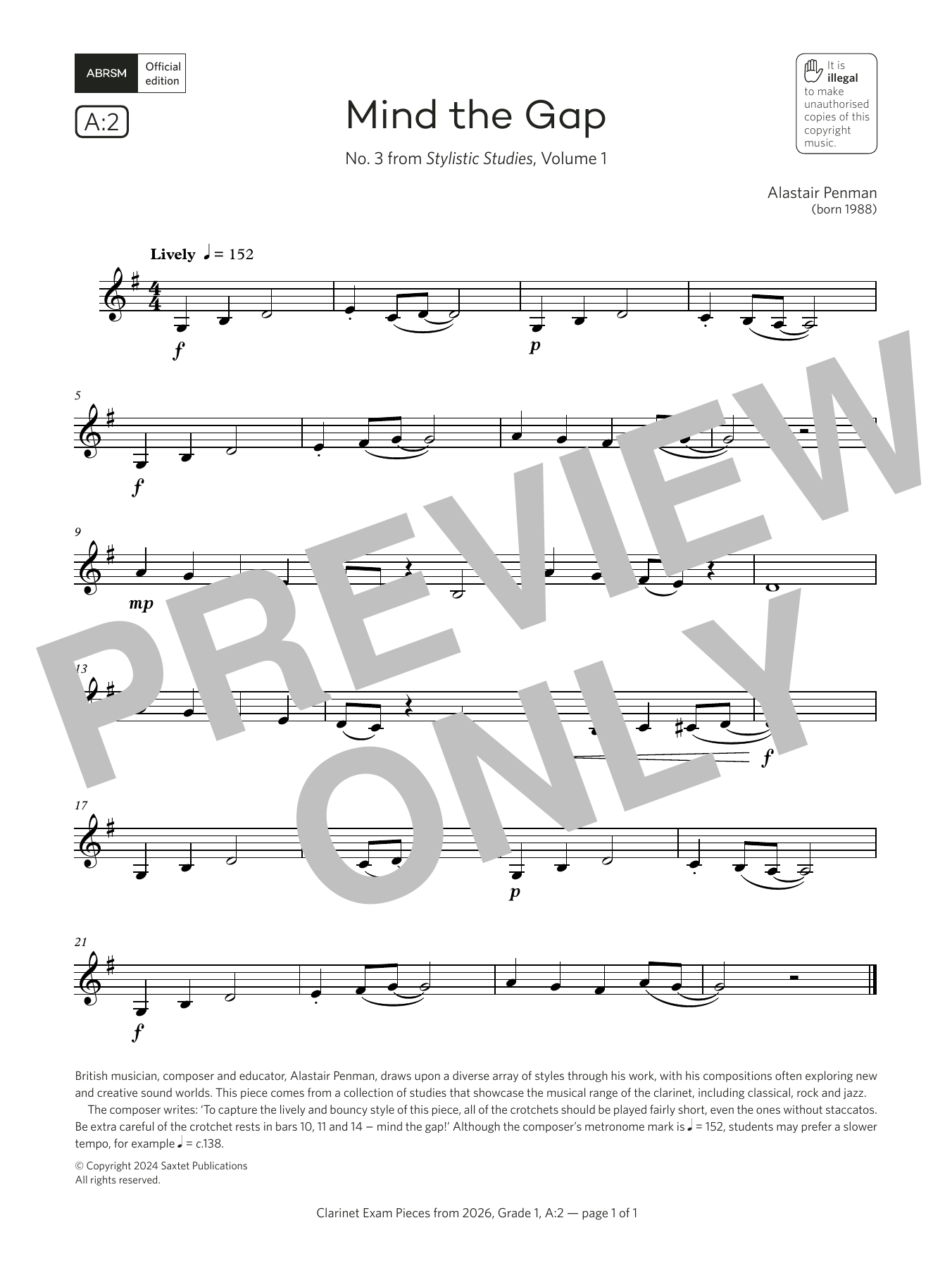 Product gallery: Page 1 of 1 Mind the Gap (Grade 1, list A2, from the ABRSM Clarinet Syllabus from 2026), Alastair Penman