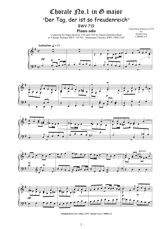 Product picture to: Choral No.1 in G-Dur (Der Tag, der ist so freudenreich) BWV 719Johann Sebastian Bach