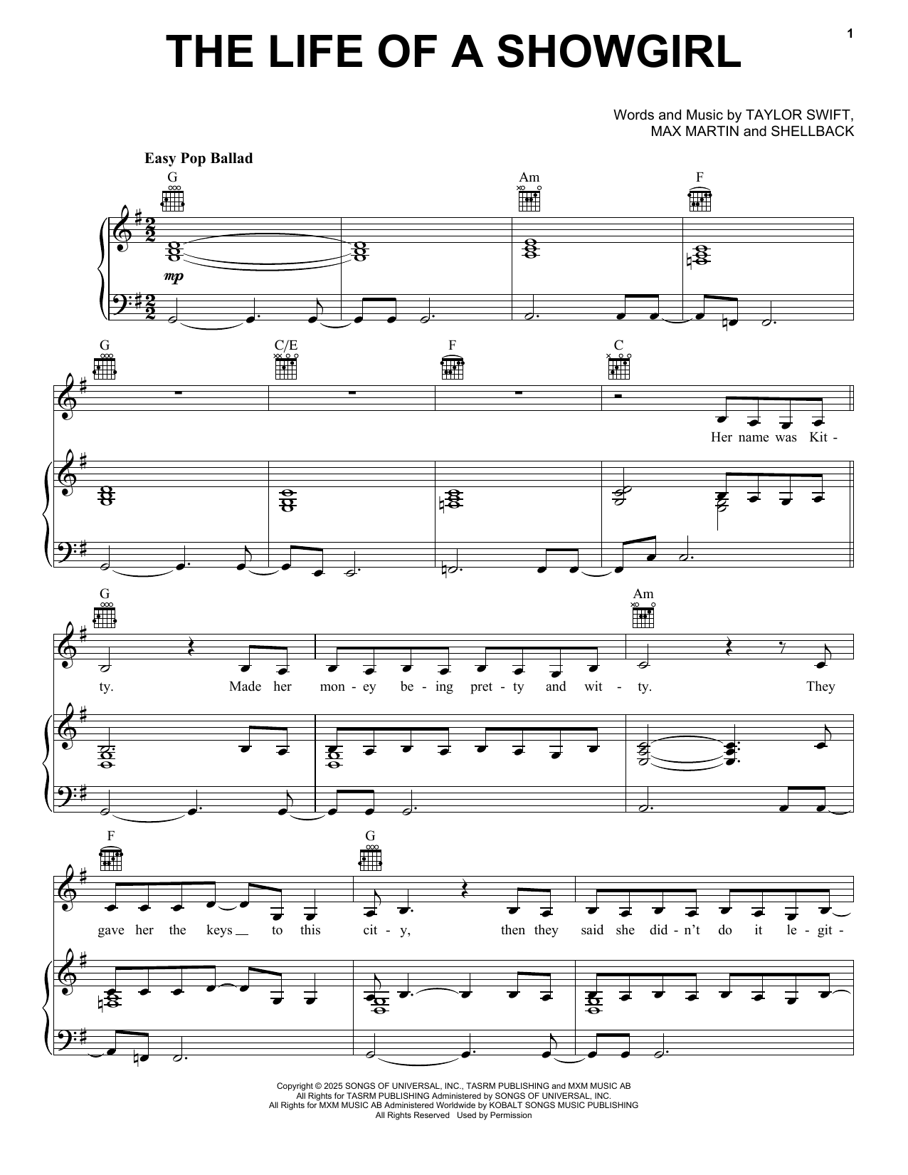 Produktgalerie: Seite 1 von 1 The Life Of A Showgirl (feat. Sabrina Carpenter), Taylor Swift, Gesang, Gitarre, Klavier