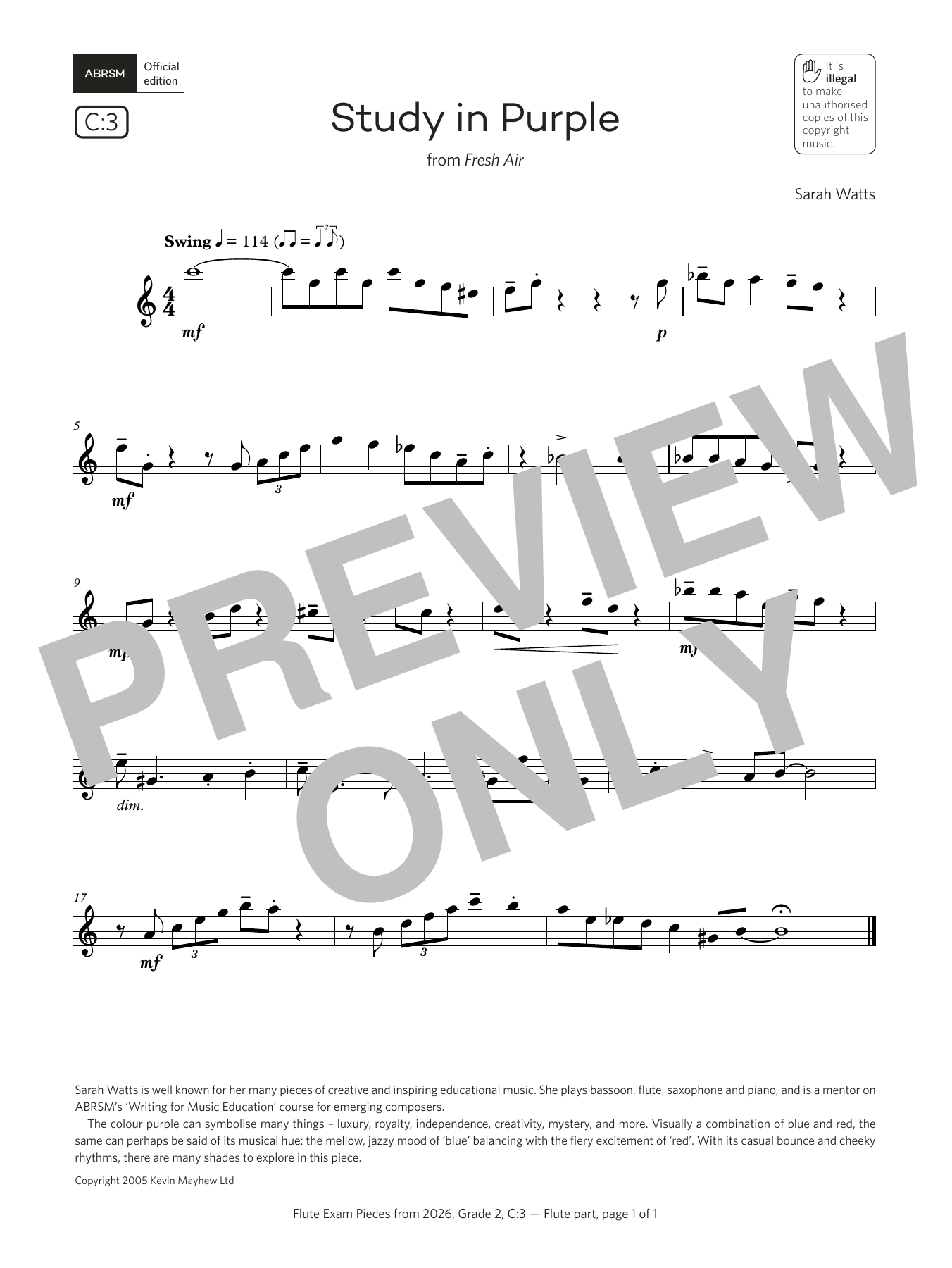 Product gallery: Page 1 of 1 Study in Purple (Grade 2, list C3, from the ABRSM Flute Syllabus from 2026), Sarah Watts