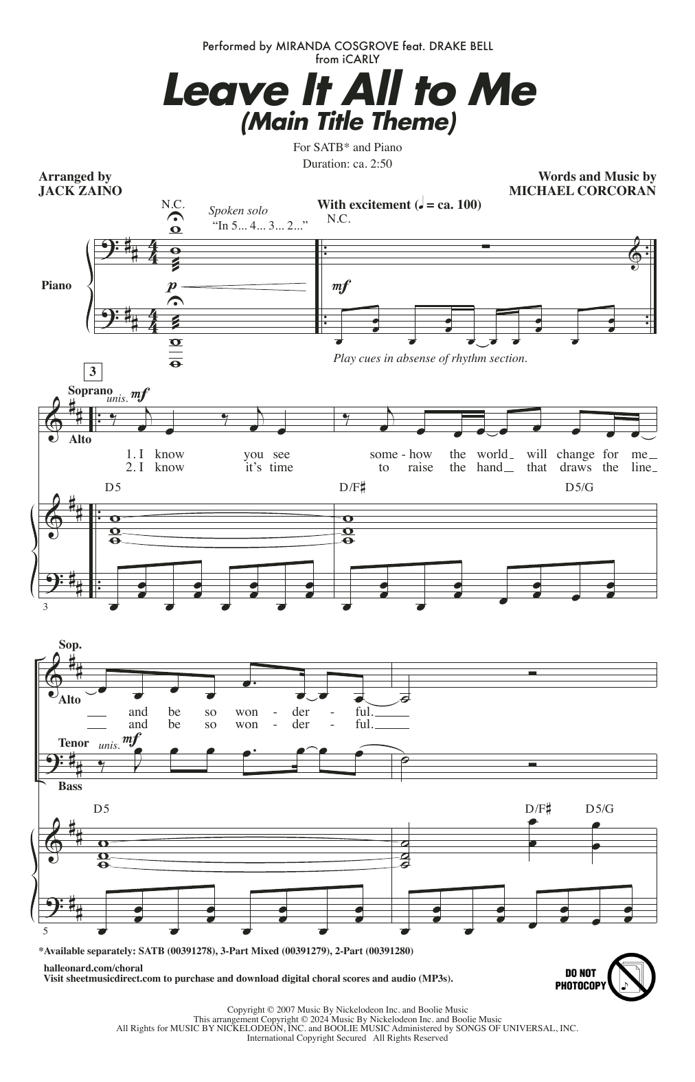 Produktgalerie: Seite 1 von 1 Leave It All To Me (Main Title Theme from iCarly) (arr. Jack Zaino), Miranda Cosgrove, Chor