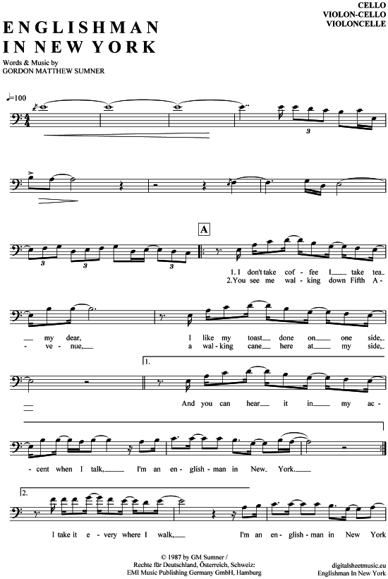 Produktgalerie: Seite 1 von 5 Englishman in New York , Sting, (Violon-Cello)