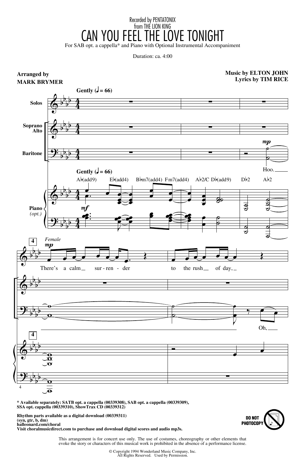 Product gallery: Page 1 of 1 Can You Feel The Love Tonight (from The Lion King) (arr. Mark Brymer), Pentatonix