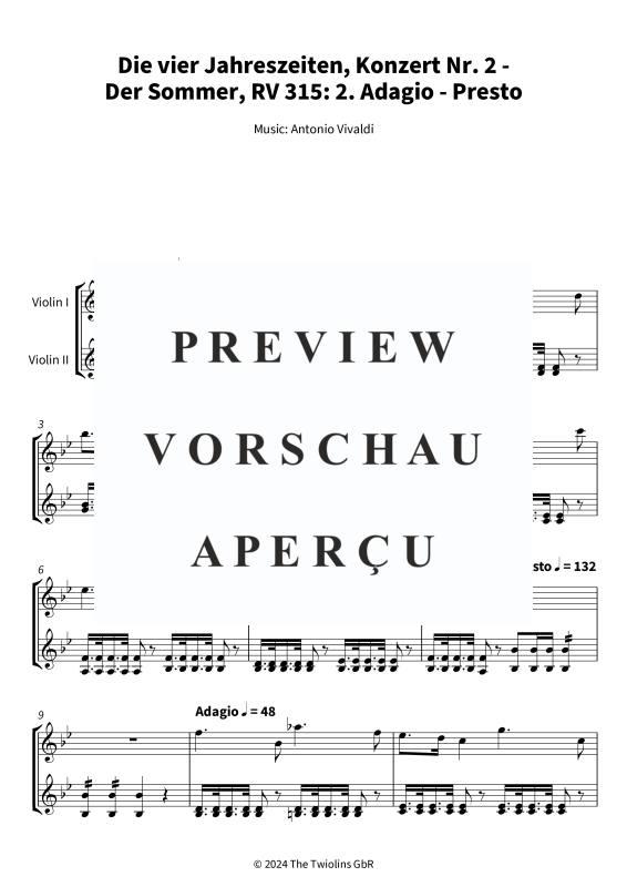 Produktgalerie: Seite 4 von 5 Die vier Jahreszeiten, Konzert Nr. 2 - Der Sommer - 2. Adagio, The Twiolins, (Duett 2x Violine)