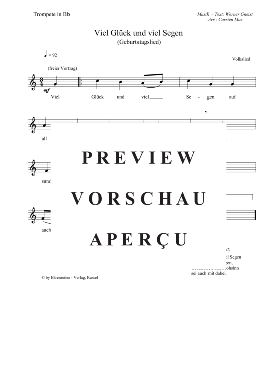 gallery: Viel Glück und viel Segen - Geburtstagslied (C - Dur) , ,  (Trompete in B Solo)