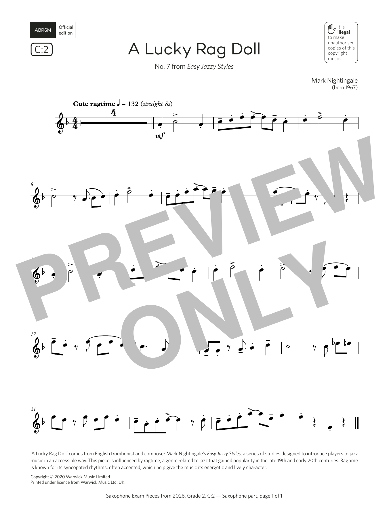 Product gallery: Page 1 of 1 A Lucky Rag Doll (Grade 2, list C2, from the ABRSM Saxophone Syllabus from 2026), Mark Nightingale