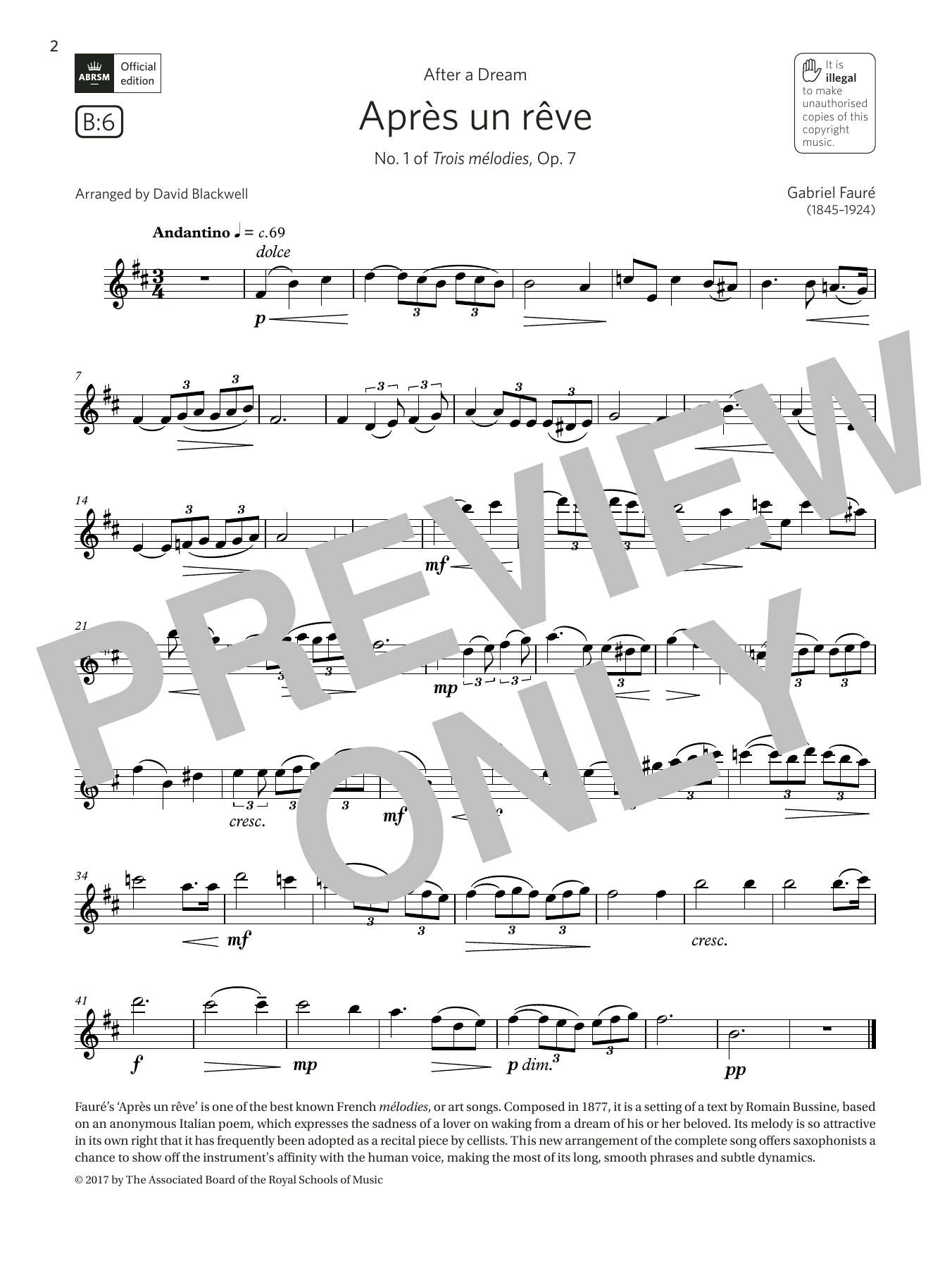 Product gallery: Page 1 of 1 Après un rêve (from Trois mélodies, Op. 7) (Grade 5 B6, the ABRSM Saxophone syllabus from 2022), Faure