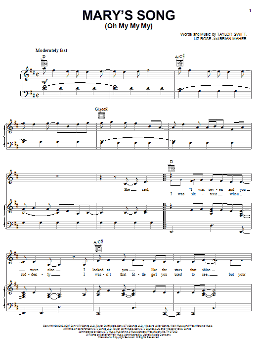 Produktgalerie: Seite 1 von 1 Mary's Song (Oh My My My), Taylor Swift, Gesang, Gitarre, Klavier