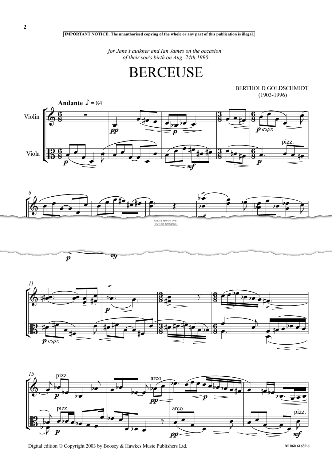 Produktgalerie: Seite 1 von 1 Berceuse, Berthold Goldschmidt, Viola, Violine