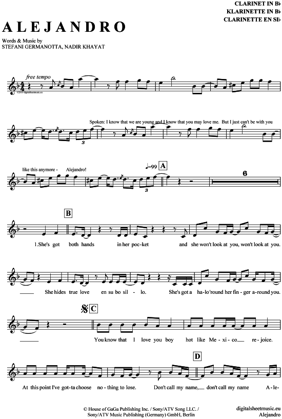 Product gallery: Page 1 of 4 Alejandro , Lady GaGa, Clarinet in B-flat