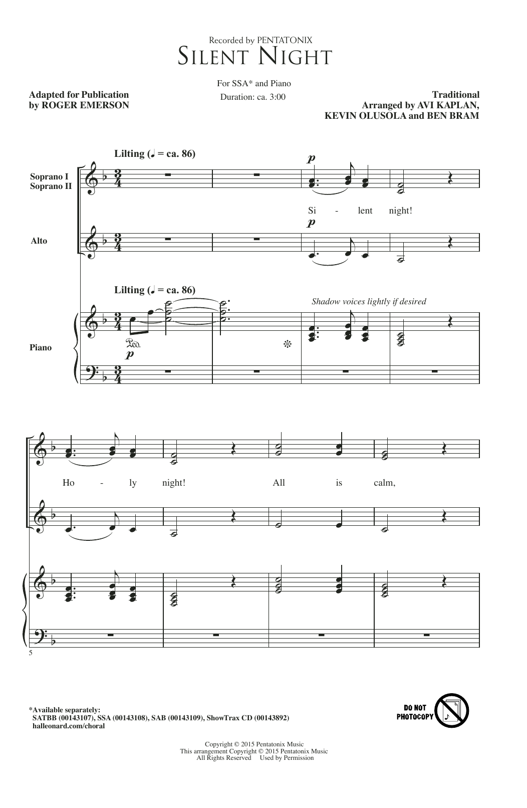 Produktgalerie: Seite 1 von 1 Silent Night (adapt. Roger Emerson), Pentatonix, Chor
