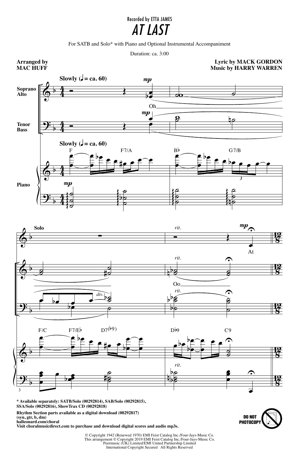 Product gallery: Page 1 of 1 At Last (arr. Mac Huff), Etta James