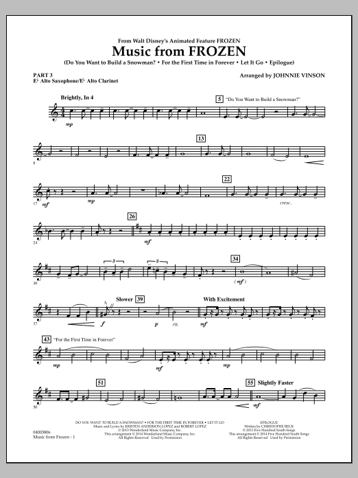 Produktbild zu:  Music from "Frozen" - Pt.3 - Eb Alto Sax/Alto Clar. - Johnnie Vinson