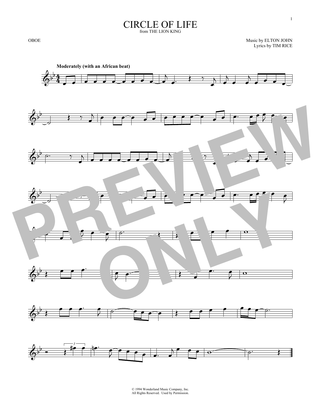 Produktgalerie: Seite 1 von 1 Circle Of Life (from The Lion King), Elton John, Oboe