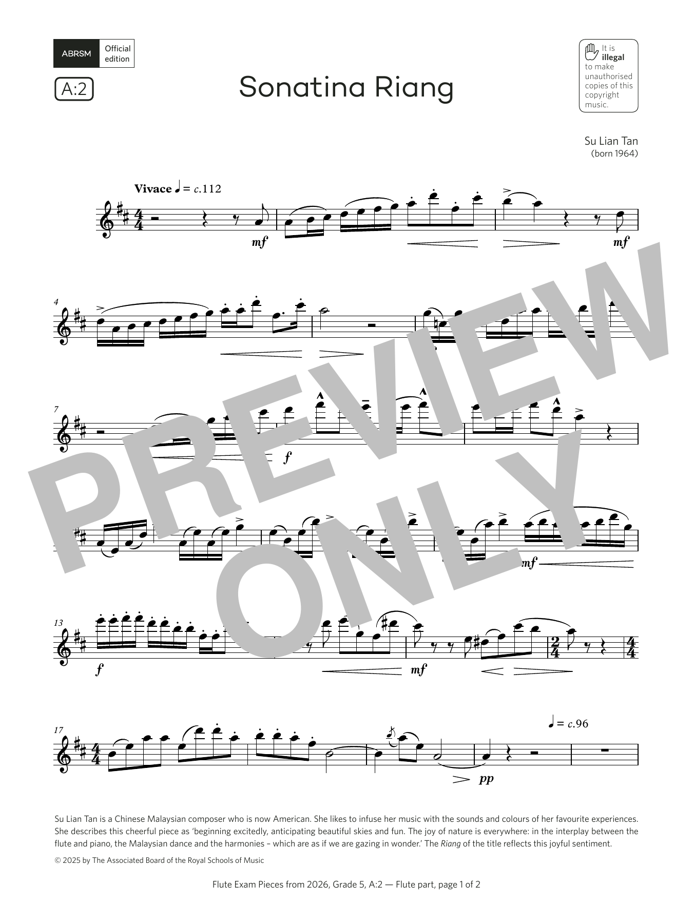 Product gallery: Page 1 of 1 Sonatina Riang (Grade 5, list A2, from the ABRSM Flute Syllabus from 2026), Su Lian Tan
