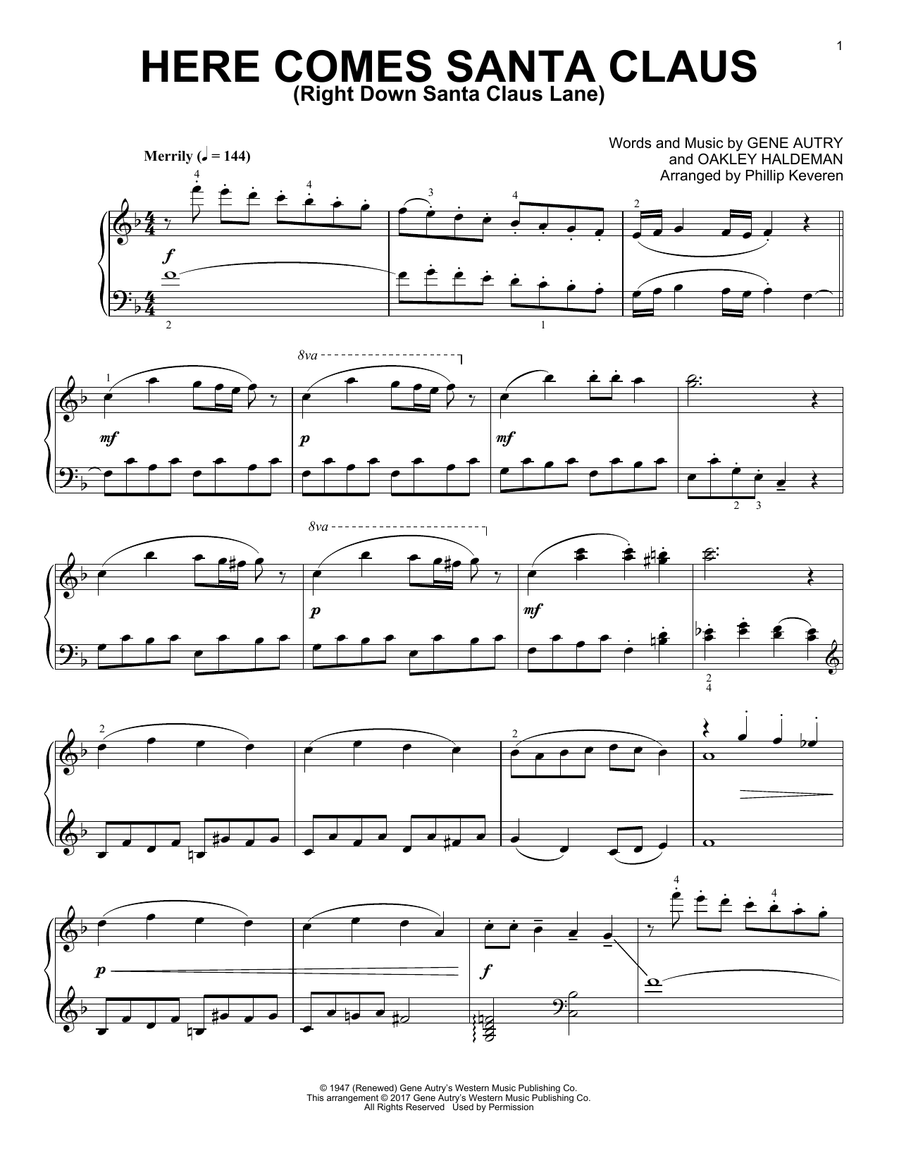 Product gallery: Page 1 of 1 Here Comes Santa Claus (Right Down Santa Claus Lane) [Classical version] (arr. Phillip Keveren), Gene Autry