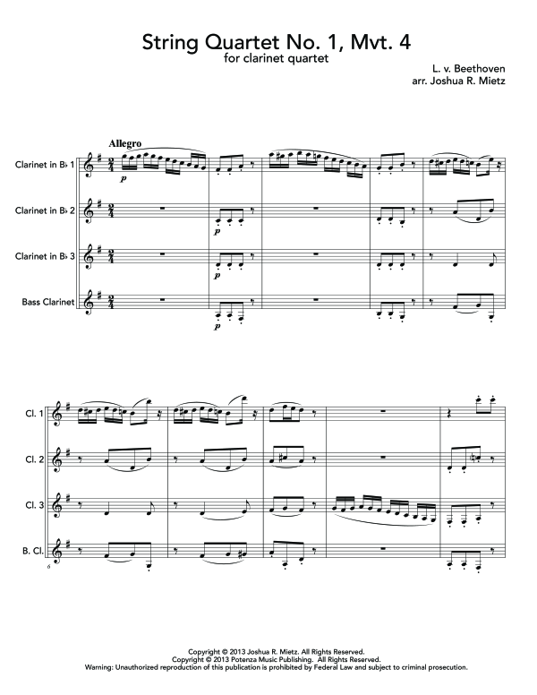 Product gallery: Page 1 of 11 String Quartet No. 1, Mvt. 4, , (Clarinet Quartet)