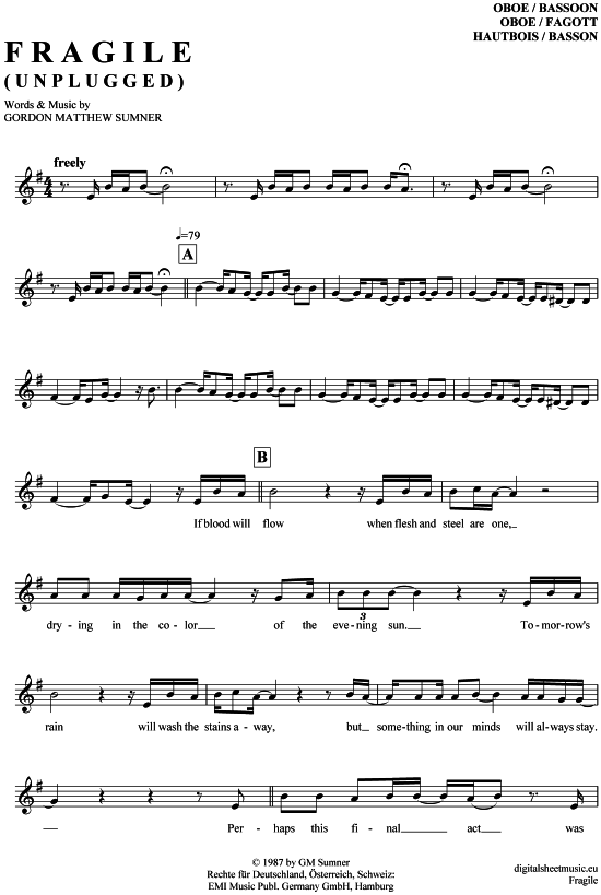 Produktgalerie: Seite 1 von 4 Fragile , Sting, (Oboe / Fagott)
