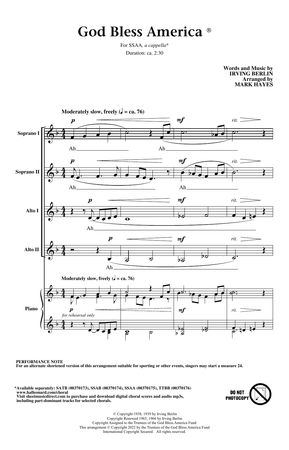 Produktgalerie: Seite 1 von 1 God Bless America (arr. Mark Hayes), Irving Berlin, Chor