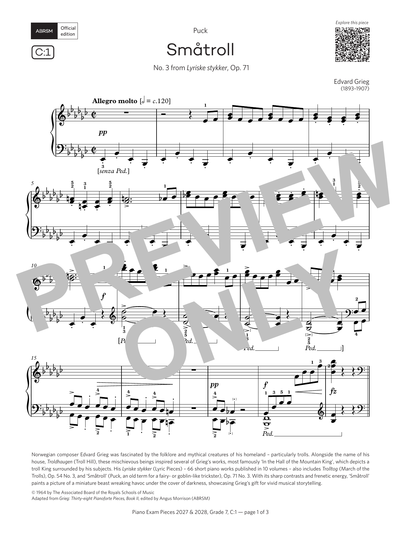 Product gallery: Page 1 of 1 Småtroll (Grade 7, list C1, from the ABRSM Piano Syllabus 2027 & 2028), Edvard Grieg