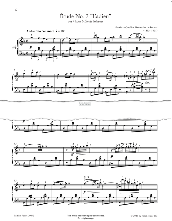 Produktgalerie: Seite 1 von 1 Étude No. 2 “L’adieu”, Henriette-Caroline Mennechet de Barival, Klavier