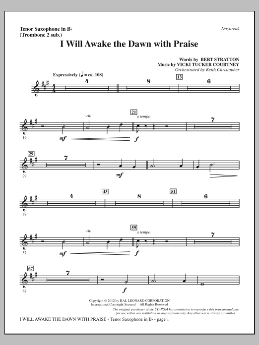 Product picture to: I Will Awake The Dawn With Praise - Tenor Sax (sub. Tbn 2)