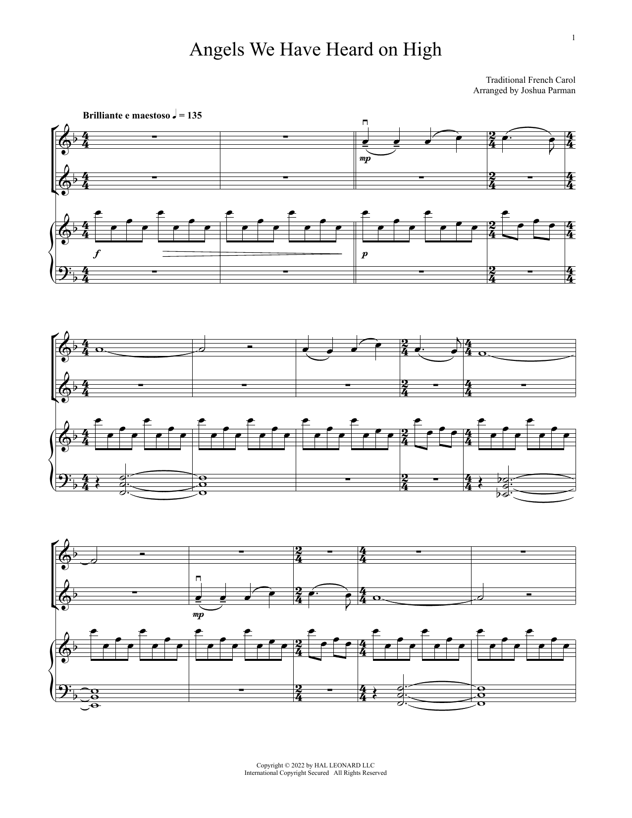 Product gallery: Page 1 of 1 Angels We Have Heard On High (for Violin Duet and Piano), Traditional French Carol