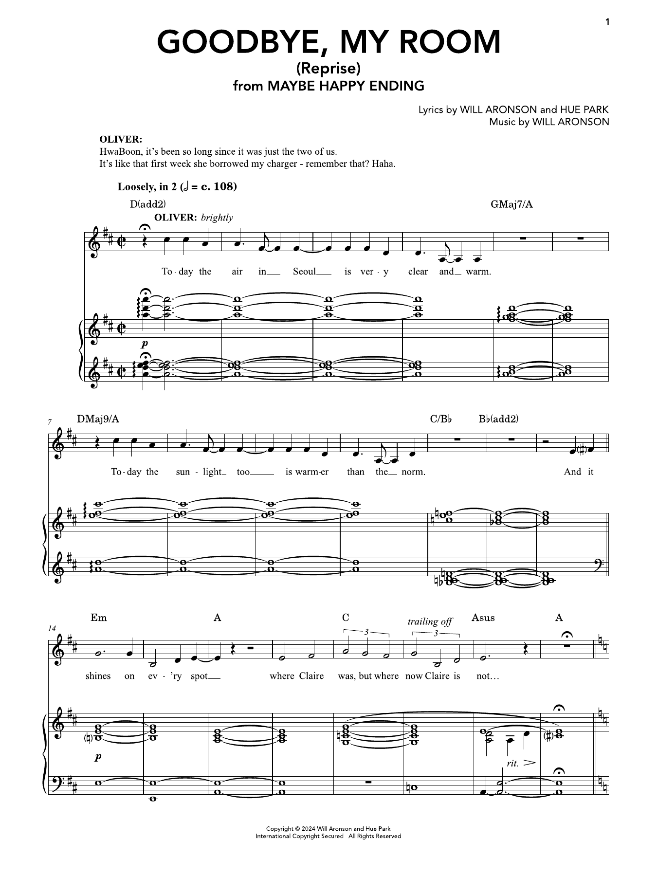 Produktgalerie: Seite 1 von 1 Goodbye, My Room (Reprise) (from Maybe Happy Ending), Hue Park & Will Aronson, Gesang, Klavier