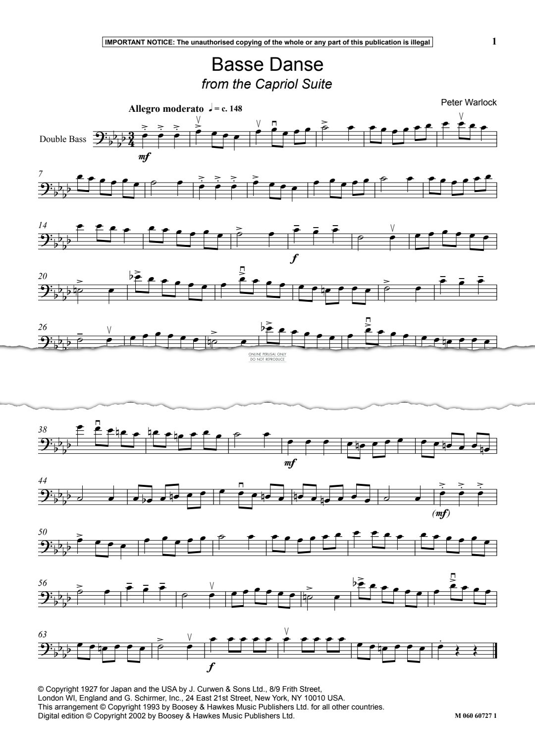 Produktgalerie: Seite 1 von 1 Basse Danse from 'The Capriol Suite', Peter Warlock, Keyboard, Kontrabass