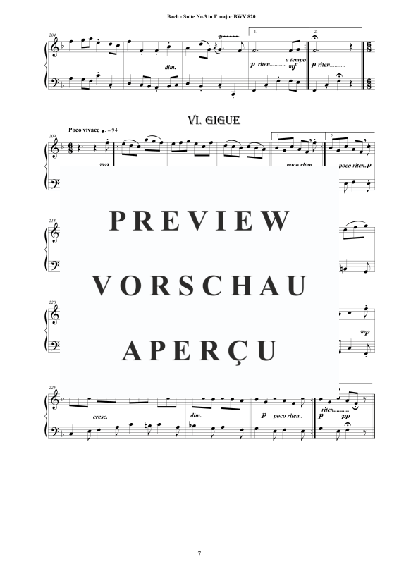 Produktgalerie: Seite 8 von 8 Piano Suite No.3 in F-Dur BWV 820 - Complete Piano Version, , Klavier Solo