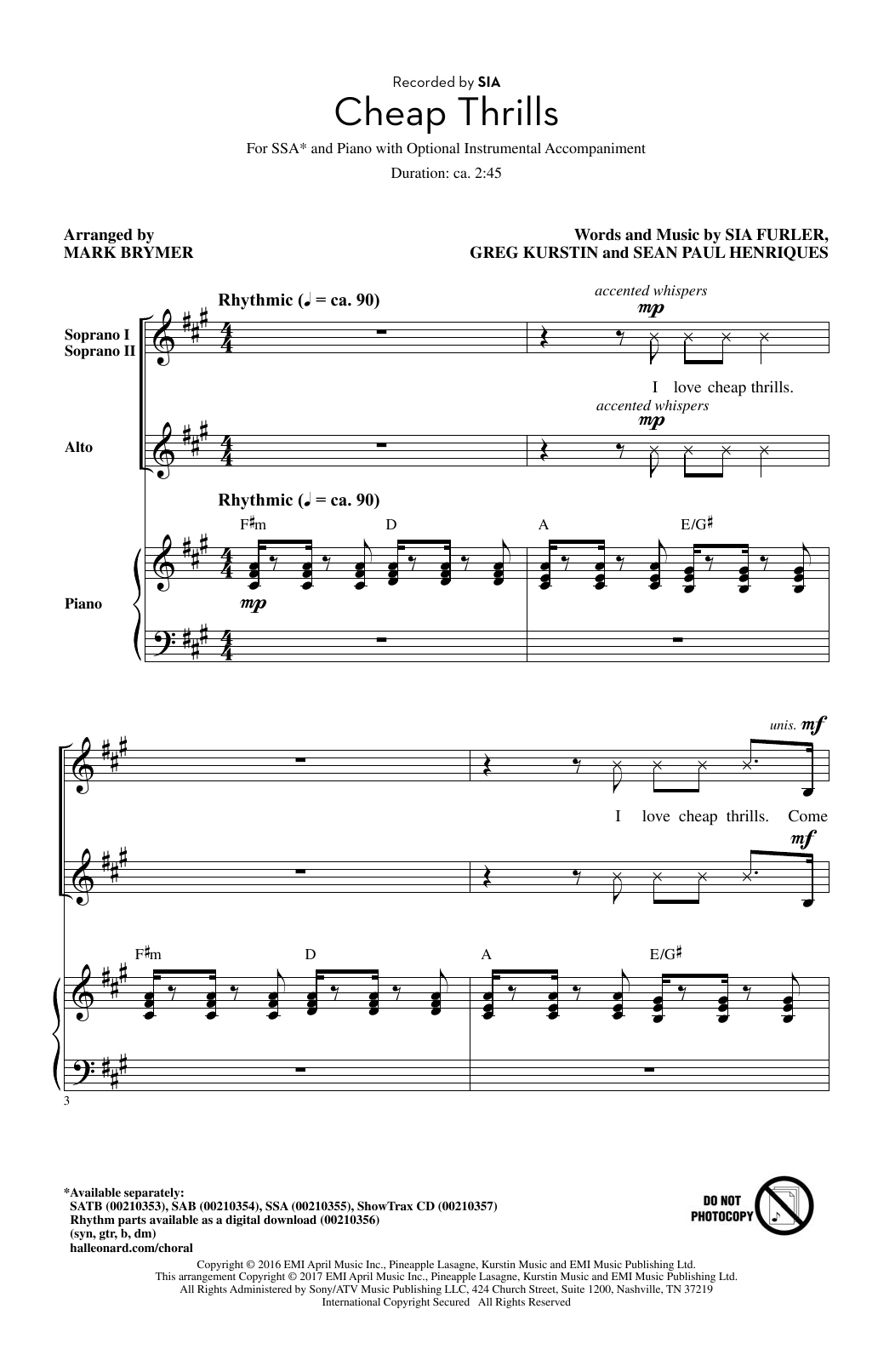 Produktgalerie: Seite 1 von 1 Cheap Thrills (feat. Sean Paul) (arr. Mark Brymer), Sia, Chor