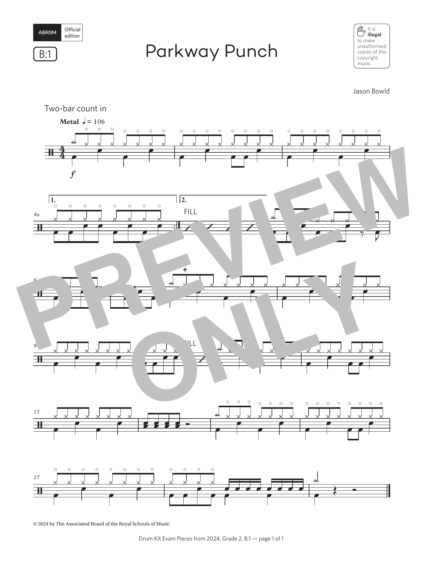 Product gallery: Page 1 of 1 Parkway Punch (Grade 2, list B1, from the ABRSM Drum Kit Syllabus 2024), Jason Bowld