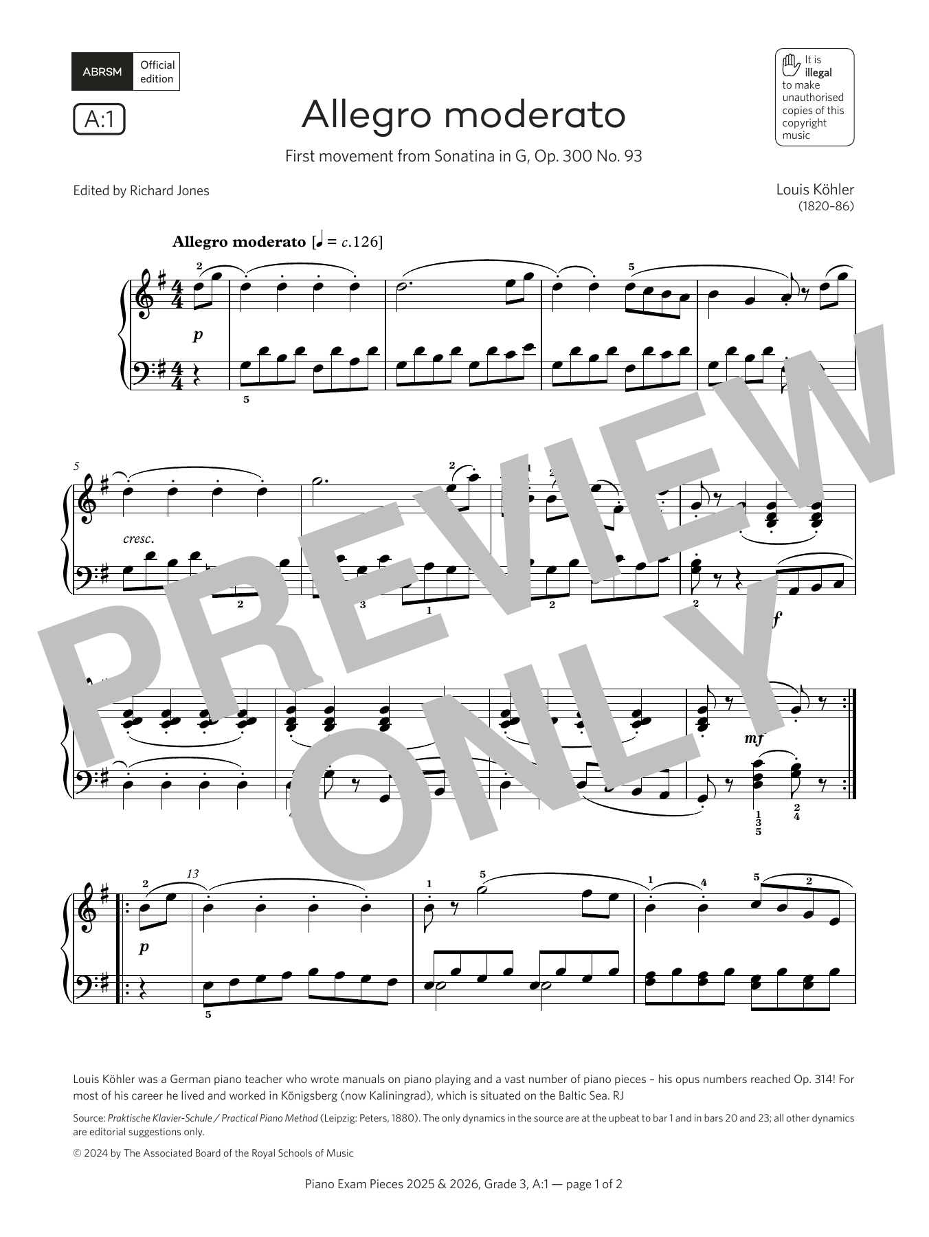 Produktbild zu:  Allegro moderato (Grade 3, list A1, from the ABRSM Piano Syllabus 2025 & 2026) - Louis Köhler