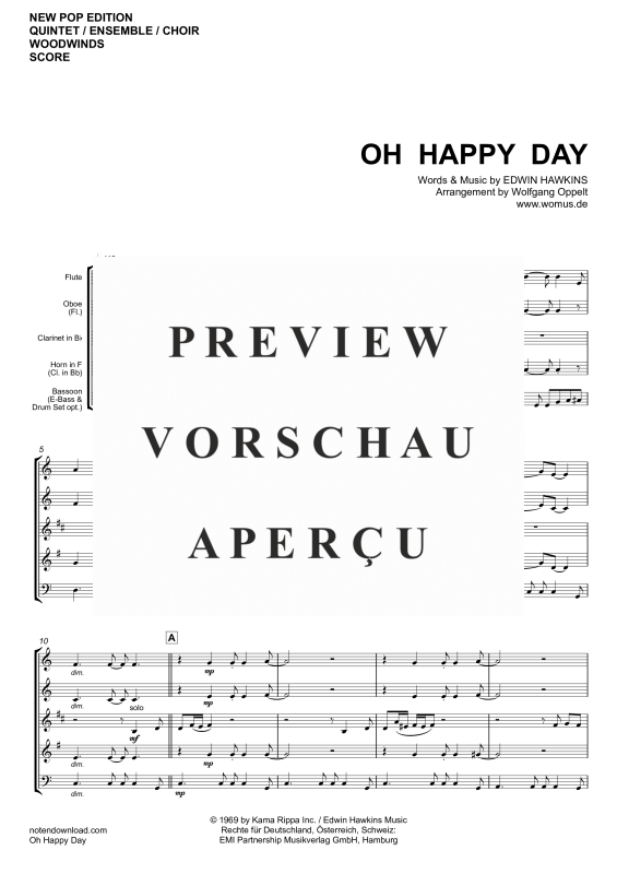 gallery: Oh Happy Day, Edwin Hawkins Singers, Woodwind quintet/ensemble/choir - electric bass with chordsandDrun Set opt.