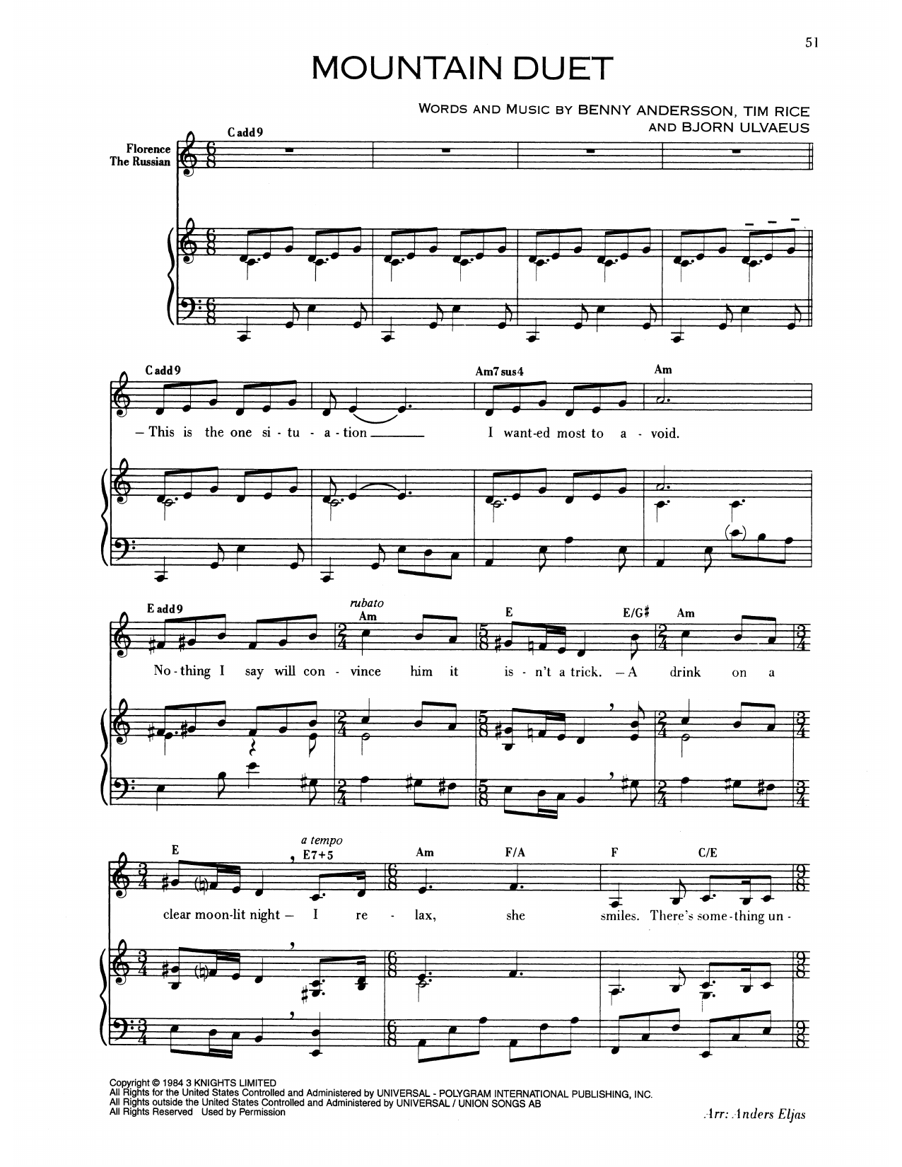 Produktgalerie: Seite 1 von 1 Mountain Duet (from Chess), Benny Andersson, Gesang, Klavier